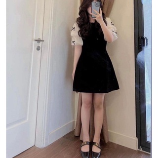 Đầm - Váy nhung cổ tròn dáng xòe phối tay voan gắn nơ