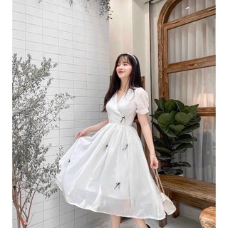 Đầm đính nơ cổ v