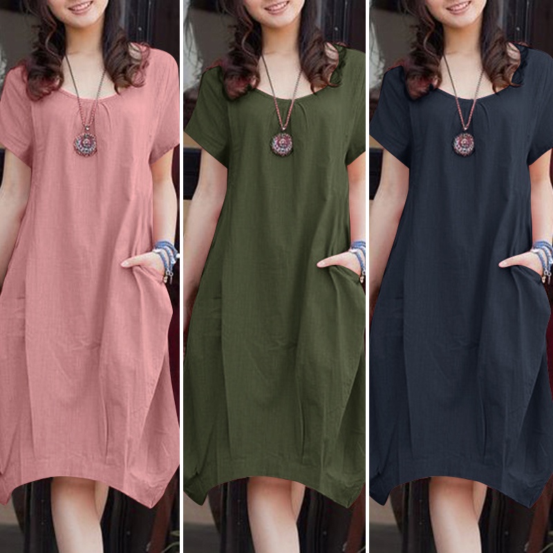 Đầm midi Zanzea tay ngắn cổ tròn phong cách hàn quốc đơn giản thời trang cho nữ