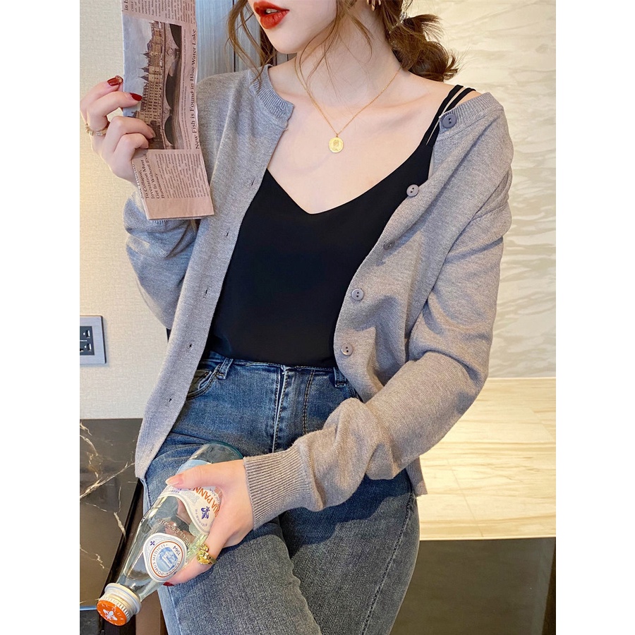 Áo Khoác Cardigan Dệt Kim Mỏng Tay Dài Cổ Tròn Phong Cách Hàn Quốc Thời Trang Mùa Thu 2023 Mới175439