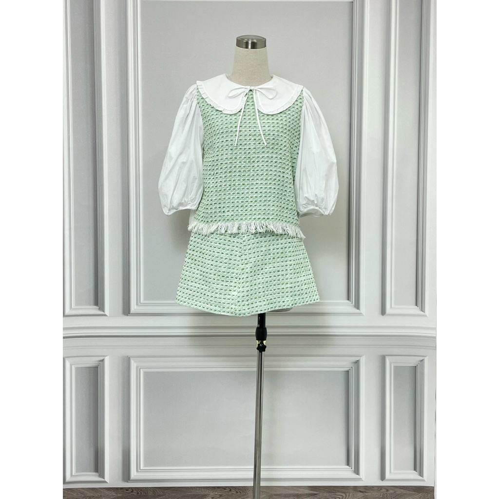 Set áo váy dạ tweed ZARA hàng hiệu chính hãng thời trang nữ S45 màu trắn xanh size M secondhand thanh lý ký gửi