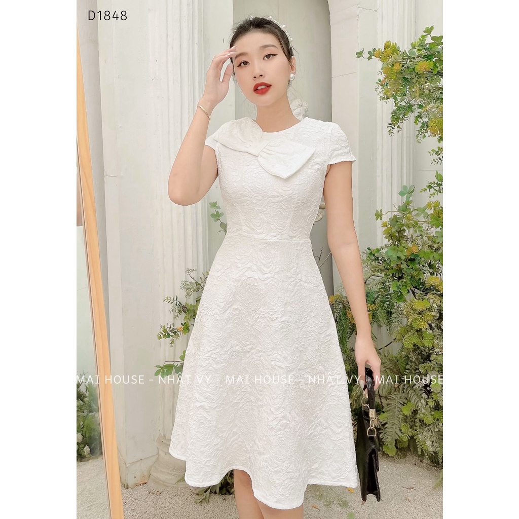 Đầm Nữ NHẬT VY Cổ Tròn Phối Nơ Chất Tapta Thun Đi Tiệc Dáng Xòe Màu Vàng, Đỏ, Trắng - D1848 -9sd