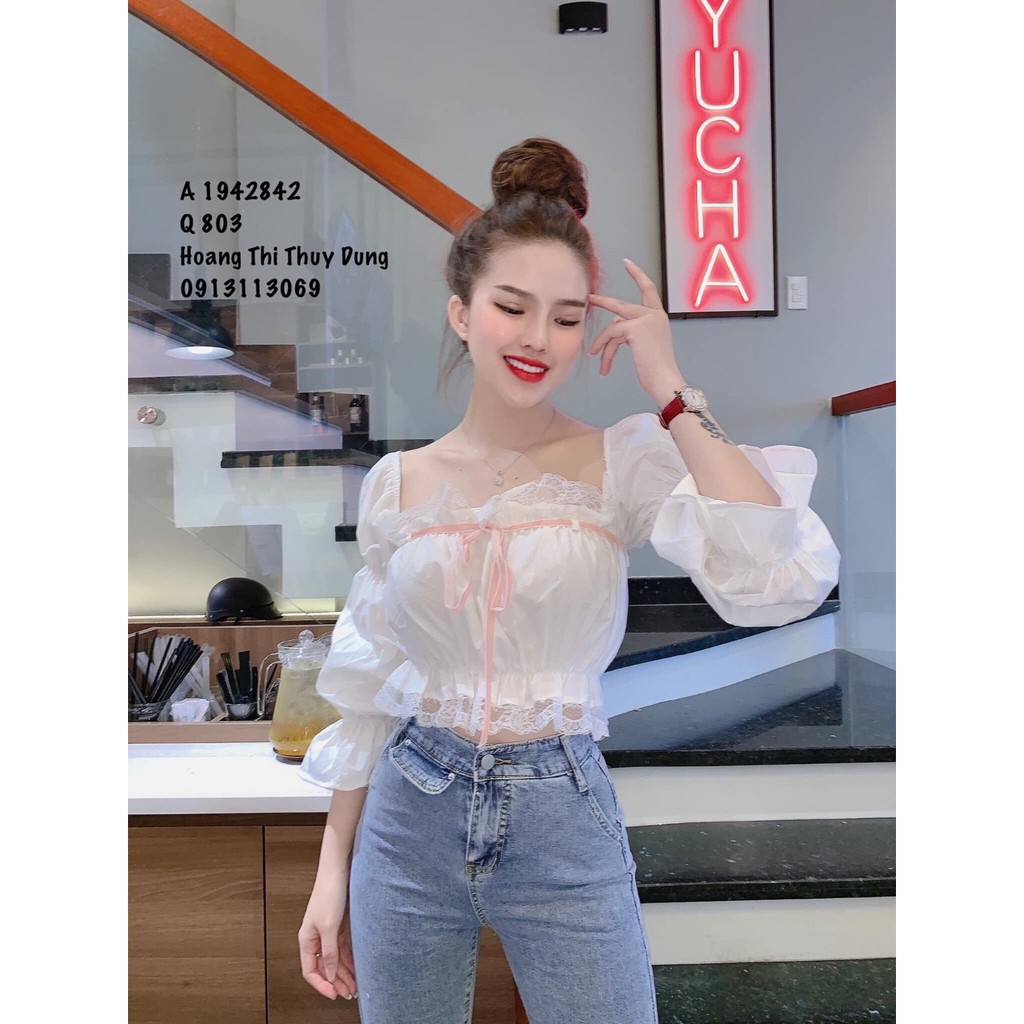 Áo Voan Kiểu Cổ Vuông Form Croptop Phối Dây Nơ Kiểu Hàn Quốc Siu Hot TTS0771