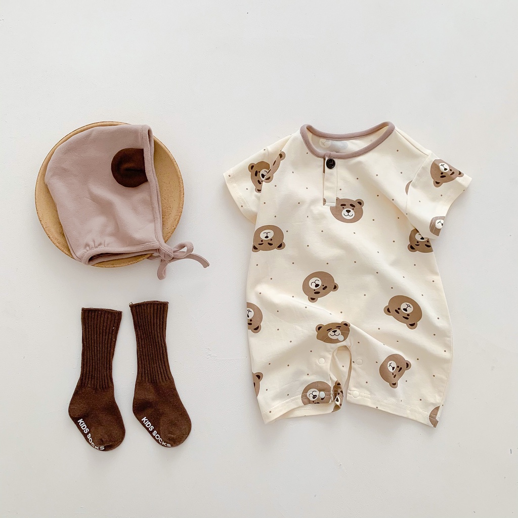 Bộ Bodysuit Một Mảnh Tay Ngắn Hình Gấu Dễ Thương + Nón Cho Bé Sơ Sinh