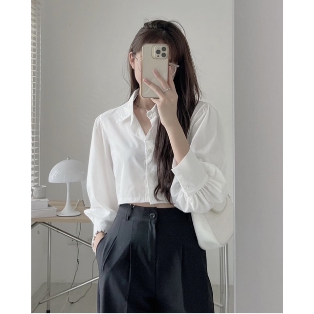 Áo sơ mi croptop tay bồng ulzzang - Áo thô croptop trắng tay phồng phong cách Hàn Quốc thời trang cho nữ