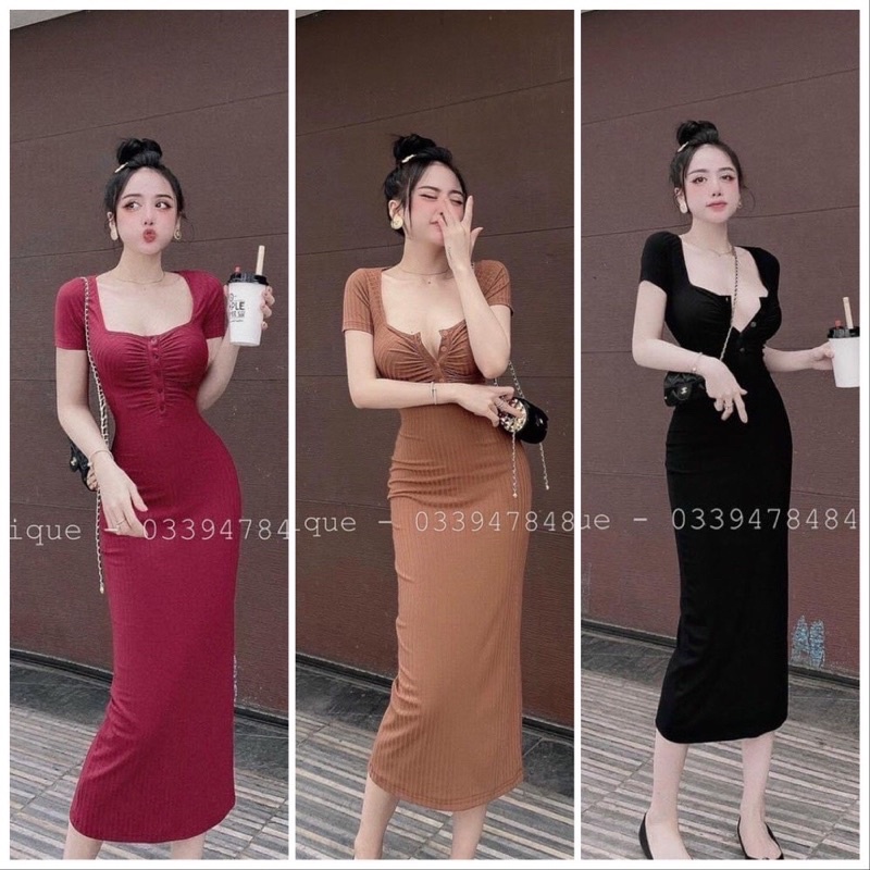 Đầm Body Cổ Vuông Tay Ngắn Phối Nút Dáng Dài.