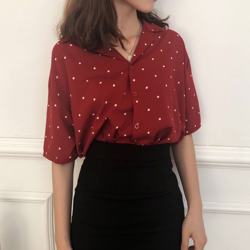 SUXI Áo thun tay ngắn cổ chữ V hoạ tiết chấm bi phong cách Hàn Quốc