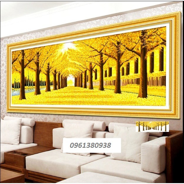 Tranh Đính Đá PHONG CẢNH RỪNG LÁ VÀNG. Kích Thước: 1m50 x 60cm - 1m89 x 75cm