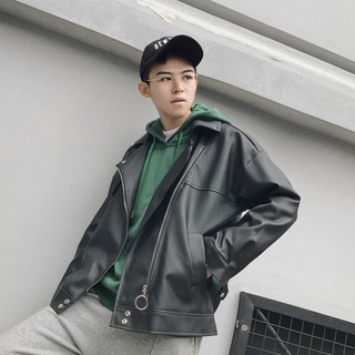 (ORDER) Áo jacket da đen khoá tròn form rộng