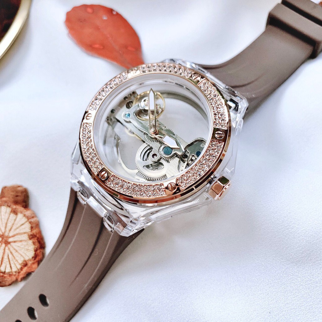 Đồng Hồ Davena Nam Automatic D31592 Mặt Lộ Máy Trong Suốt Dây Silicon Nâu 42mm Rose Gold Chính Hãng