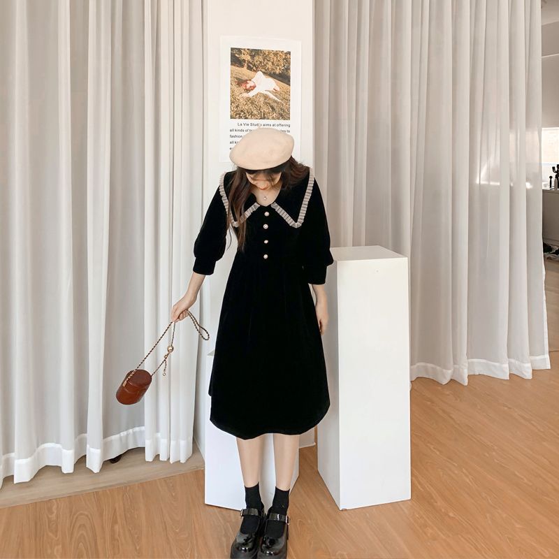 Váy babydoll đầm babydoll Đầm Nhung Đen Tay Dài Cổ Búp Bê Phong Cách Pháp Thời Trang Mùa Đông 2022 Cho Nữ