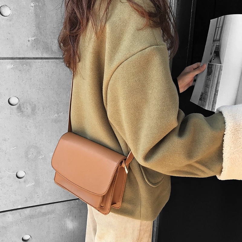 (Có sẵn Đen/Nâu)Túi đeo chéo túi hộp dáng basic retro da trơn mùa thu đông style Ulzzang Hàn Quốc MS4634