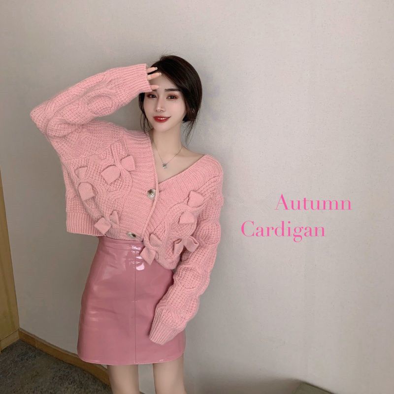 Áo Khoác Cardigan Dệt Kim Tay Dài Dáng Rộng Cột Nơ Thời Trang Cho Nữ