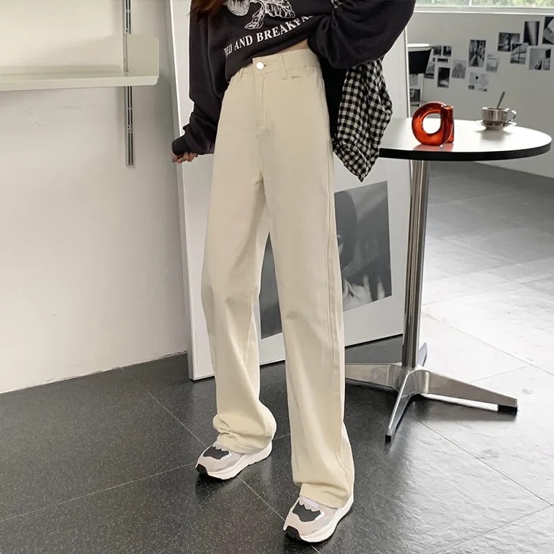 Quần Jeans Nữ Màu Trắng Kem Ống Suông Cạp Cao Baisc Phong Cách Ulzzang Hàn Quốc Mặc Hàng Ngày Đi Học Đi Làm Loại 1