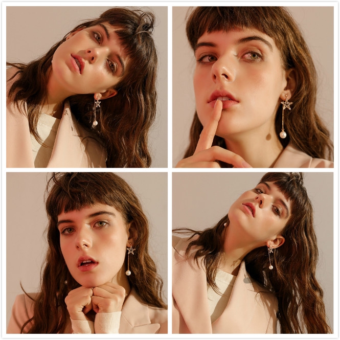 Cặp khuyên tai dáng dài hình sao có đính đá phối ngọc nhân tạo dễ thương cho nữ