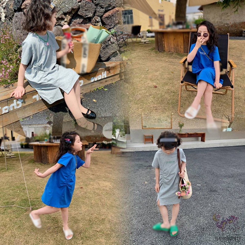 Đầm Tay Ngắn In Chữ Thời Trang Mùa Hè Hàn Quốc Cho Bé Gái