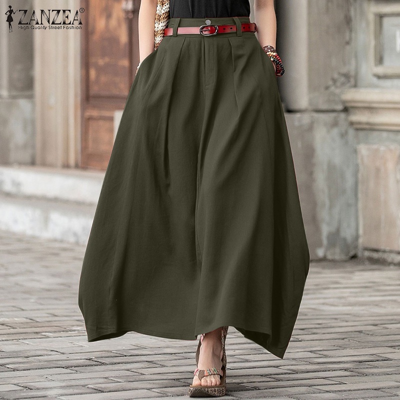 Chân váy ZANZEA dài lưng cao màu trơn thời trang vintage cho nữ