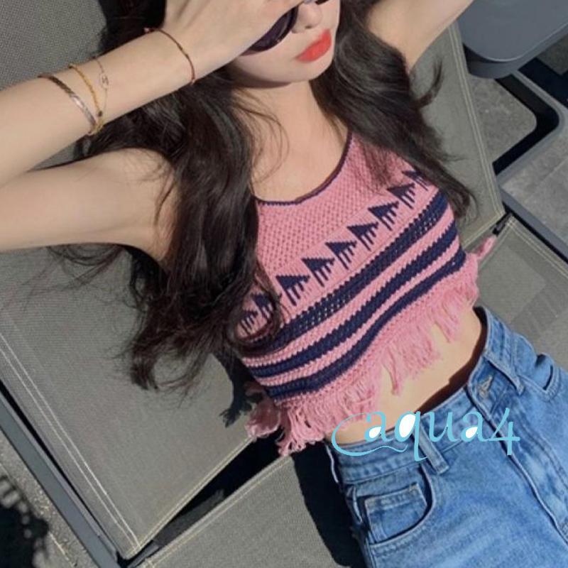 Áo Croptop Sát Nách Hở Lưng Họa Tiết Kẻ Sọc Phối Tua Rua Gợi Cảm Cho Nữ