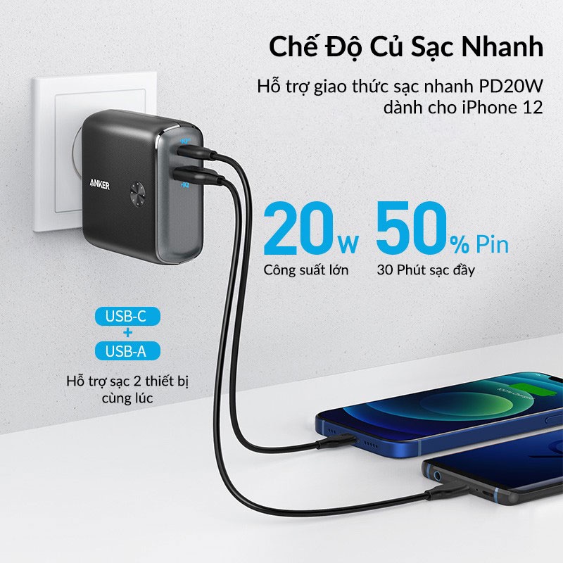 Củ Sạc Anker Powercore Fusion 10000Mah A1623 Hỗ Trợ Sạc Nhanh Pd 20W Kiêm Sạc Dự Phòng 2 Cổng Usb A + Type C