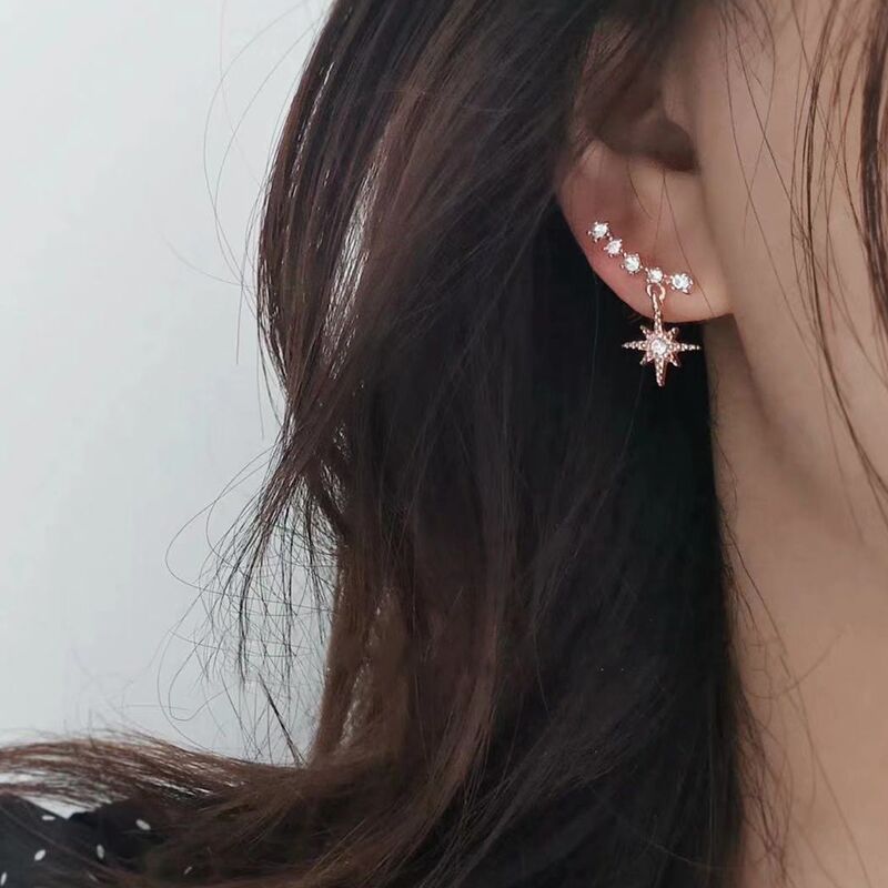 Khuyên tai kim bạc 925 mặt hình ngôi sao đính đá zircon lấp lánh cho nữ