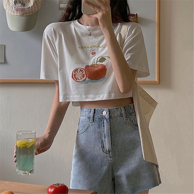 Áo thun croptop SUXI eo cao tay ngắn cổ tròn in hình trái cây đơn giản thời trang mùa hè cho nữ