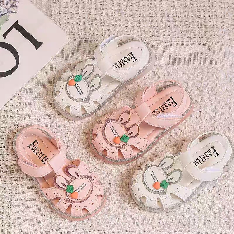 dép rọ cho bé - sandal bé gái da mềm, đế dẻo nơ thỏ carot có quay dán YY A11