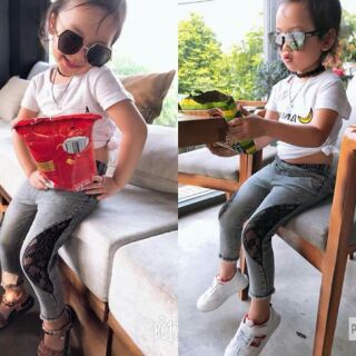 Quần bò dài bé gái phối ren