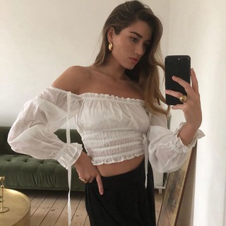 Áo croptop tay chuông nhún eo trễ vai A087