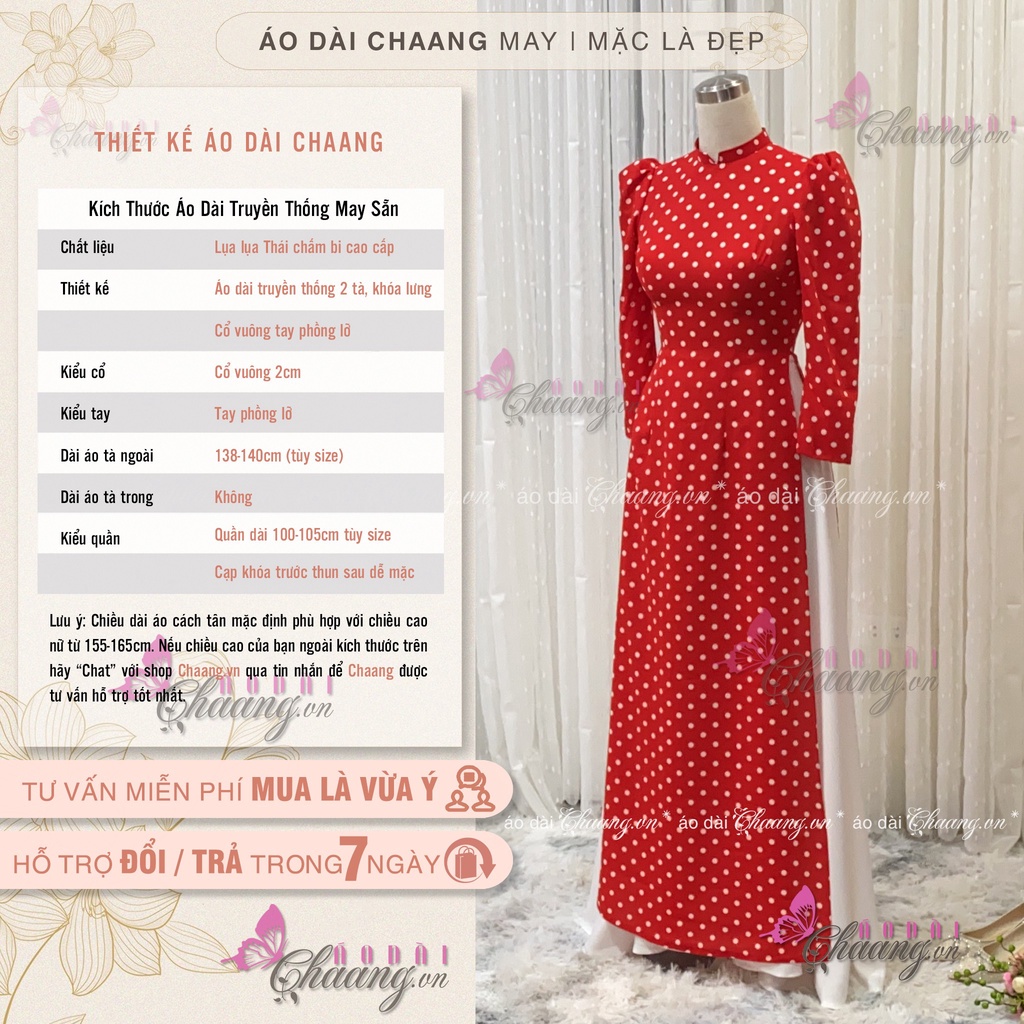 Áo Dài Truyền Thống Chấm Bi Đỏ Vai Bồng May Sẵn Lụa Thái Cổ Vuông Đẹp ChaangBi021