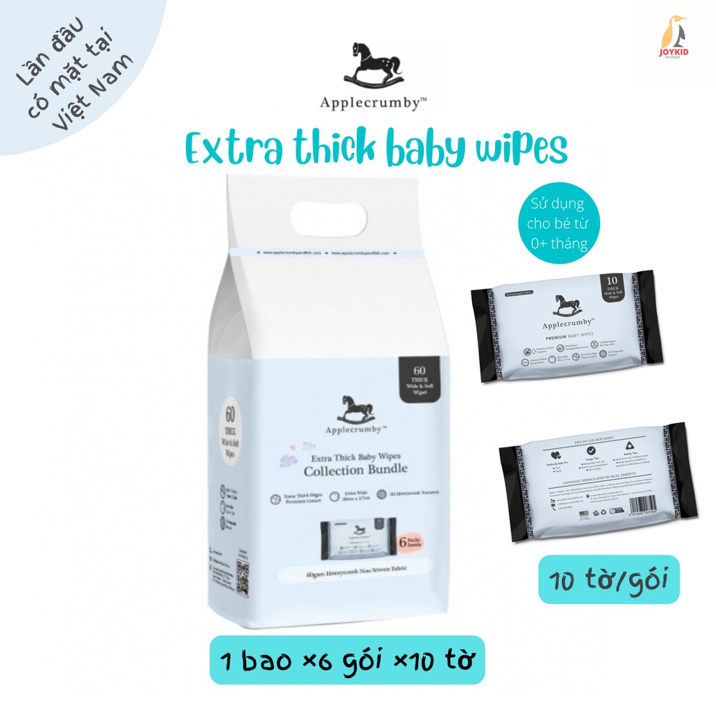Khăn ướt Applecrumby Premium Honey Wipes to, dày, cao cấp lau mặt, miệng, tay cho bé 10 tờ/20 tờ