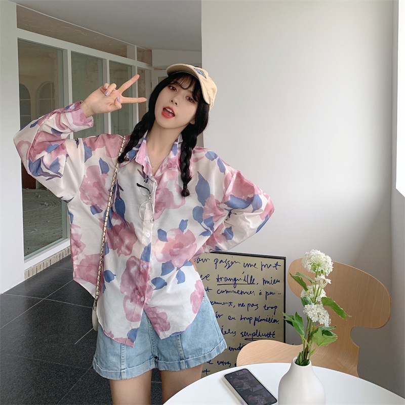 SUXI Áo Sơ Mi Tay Dài Chống Nắng Dáng Ôm In Họa Tiết Phong Cách Hàn Quốc Cổ Điển Thời Trang Mùa Hè Cho Nữ