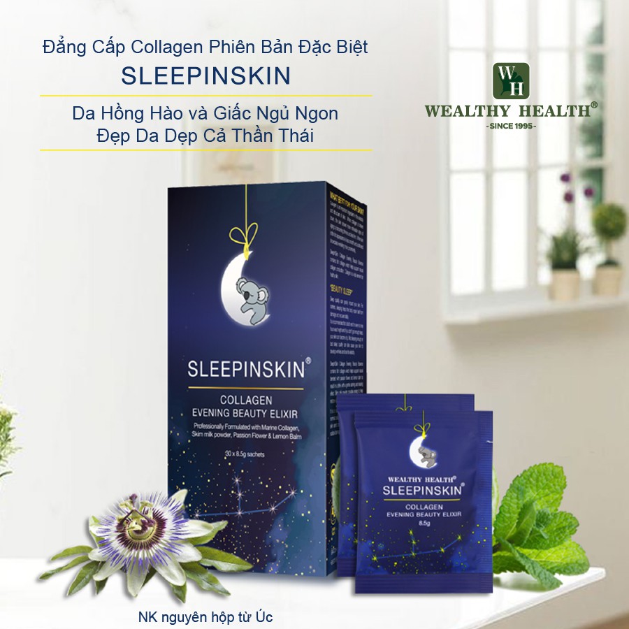 (Mất Ngủ & Lão Hóa Da) Collagen Tác Động Kép Ngủ Ngon Sleepinskin Của WEALTHY HEALTH-NK Chính hãng từ Úc(8.5gx30g)