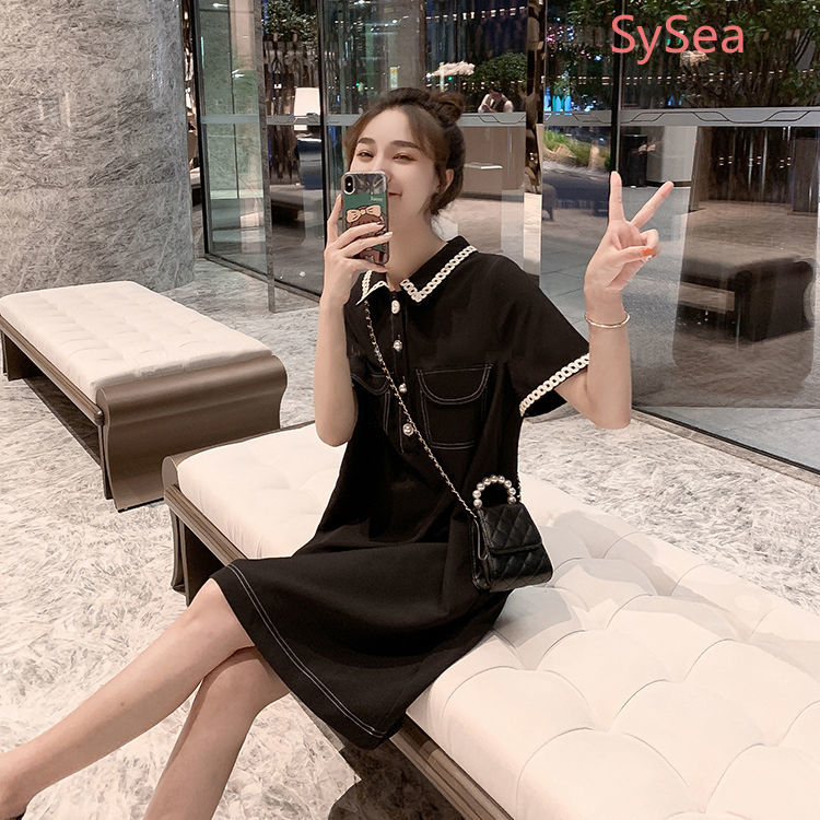 Đầm midi ngắn tay phối nút ngọc trai thời trang mùa hè cho nữ