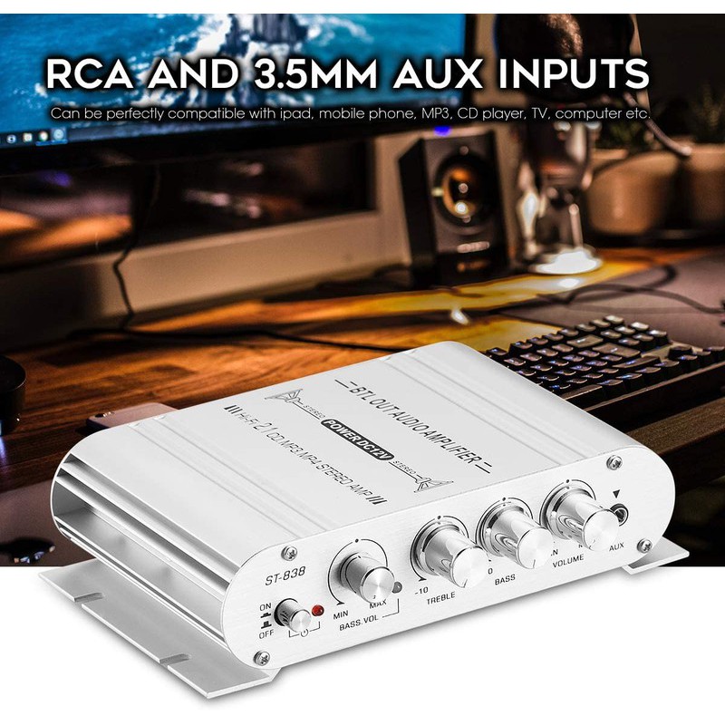 Amply Mini St-838 12V Hi-Fi 2.1 Dùng Cho Xe Ô Tô, Xe Máy, Dàn Âm Thanh Gia Đình