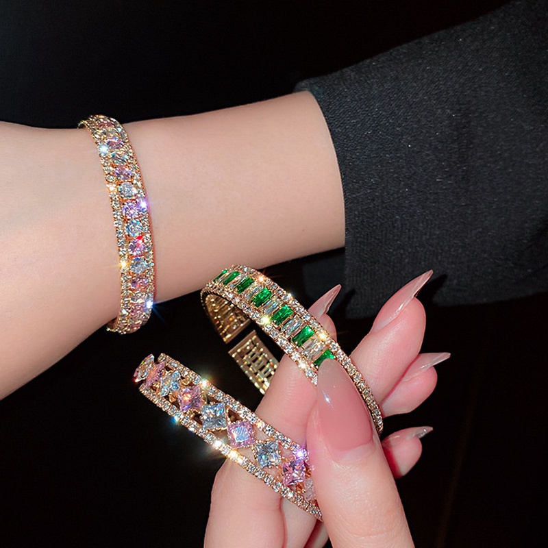 Vòng tay đính đá zircon màu hồng/xanh lá thời trang cho nữ