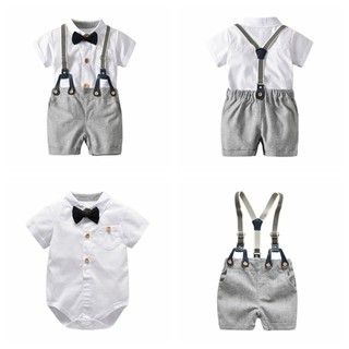 Set quần yếm + áo liền quần + nơ phong cách lịch lãm đáng yêu cho bé trai