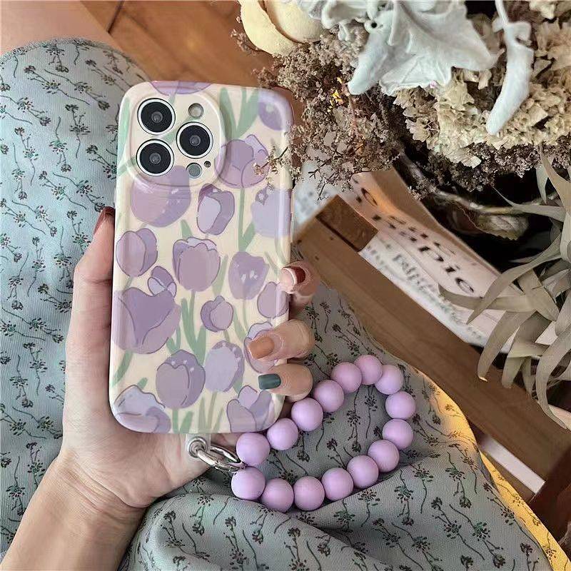 Ốp điện thoại hình hoa tulip tím kèm vòng đeo tay cho nữ giới thích hợp cho iphone 13/12/pro Apple 11/XR/Xs/Max Kgbe