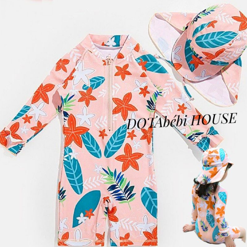 ĐỒ BƠI TAY DÀI LIỀN THÂN CÓ NÓN CHE GÁY HỌA TIẾT HOA LÁ CHO BÉ GÁI mã SW0211 - DOTAbébi HOUSE