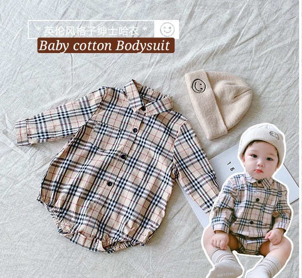 Áo Sơ Mi Liền Quần Tam Giác Tay Dài Vải Cotton Họa Tiết Sọc Ca Rô Phong Cách Anh Quốc Cho Bé Trai