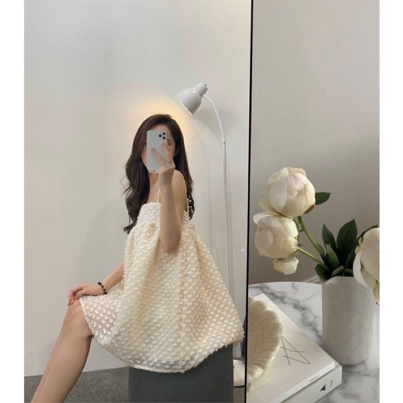 Váy 2 dây babydoll hoa nổi dáng ngắn freeisize Đầm bbd giấu quần