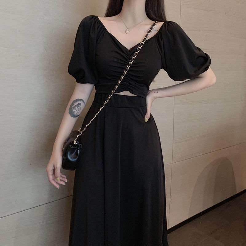 Đầm Giả Hai Mảnh Eo Cao Dáng Chữ A Hở Rốn Phong Cách Hong Kong Cổ Điển Thời Trang Cho Nữ