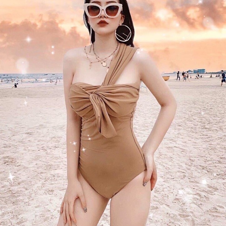 Bikini Liền Thân Lệch Vai Áo Bơi 1 Mảnh Xoắn Ngực Sang Chảnh