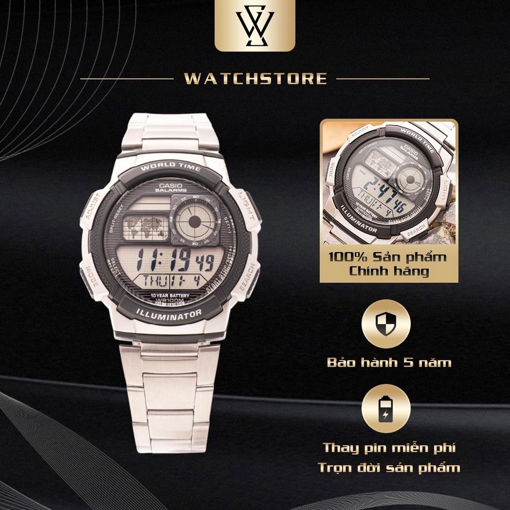 Đồng Hồ Điện Tử Nam Casio WATCHSTORE AE-1000WD-1AVDF Thiết Kế Mặt Kính 43.5mm, Dây Kim Loại Và Vỏ Nhựa Màu Bạc