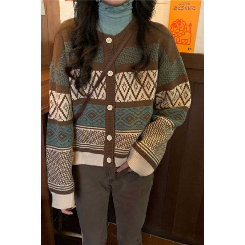 Hàng Sẵn_ Áo len cardigan dệt kim ngắn phong cách retro