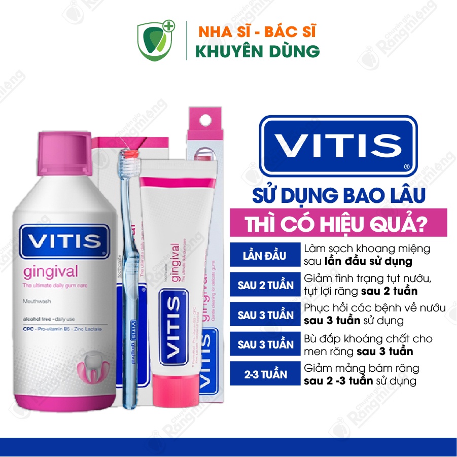 Bộ 3 Món Chăm Sóc Nướu Lợi VITIS GINGIVAL, Gồm Nước súc miệng 500ml, Kem đánh răng 100ml, Bàn chải lông mềm