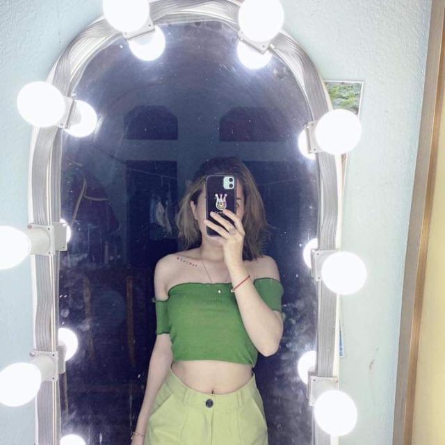 [Hot Bestseller] Áo crop bẹt vai xanh