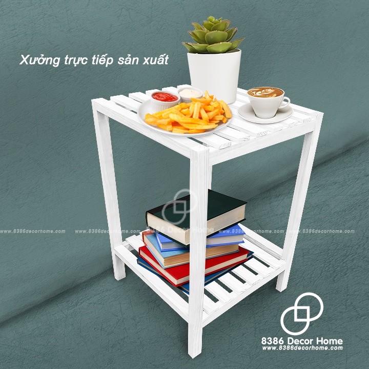 Kệ gỗ tab đầu giường đa năng màu trắng, giá sách 2 tầng tự lắp ráp Kệ đầu giường gỗ thông tự nhiên