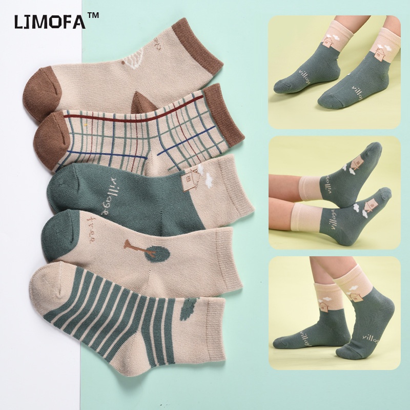 LJMOFA KIDS Trong chứng khoán thứ hai 1-12 tuổi trẻ em vớ người đàn ông cô gái vớ hoạt hình smiley sọc hàn quốc thông gió mồ hôi mềm mại và thoải mái trẻ em vớ 5 đôi vớ bán buôn