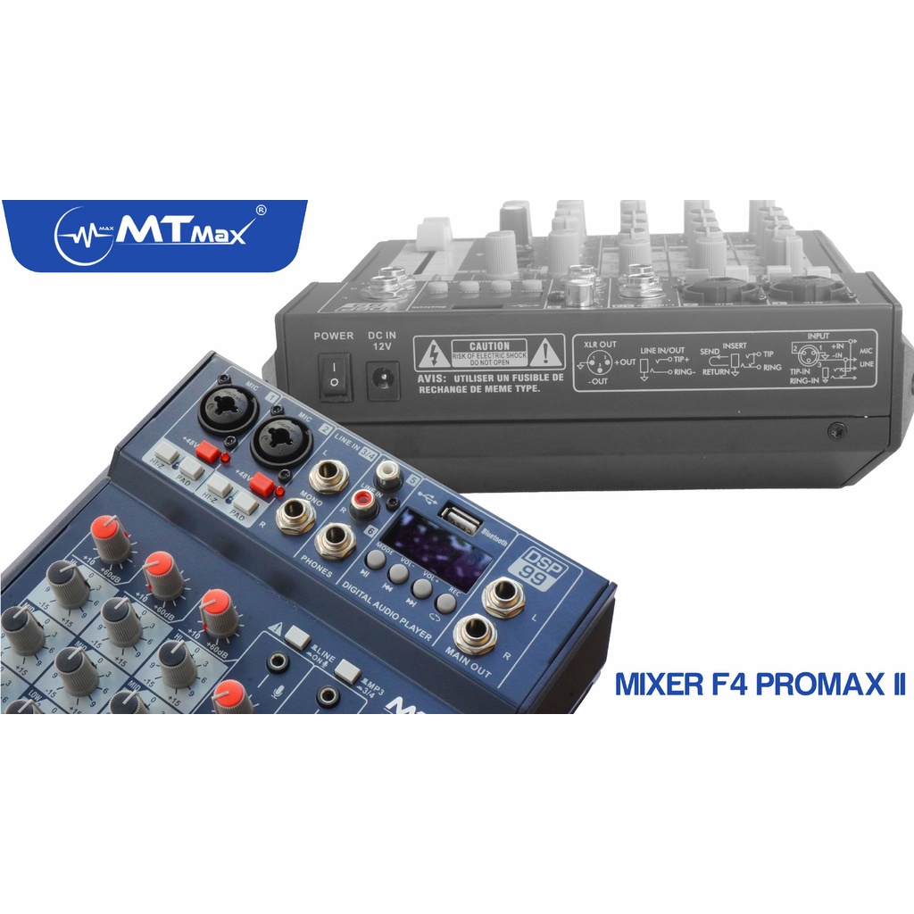 [Tặng dây KN] Bàn trộn Mixer MTMax F4 ProMax II- Tích hợp 99 chế độ vang số DSP- 4 kênh, màn hình led hiển thị thông số