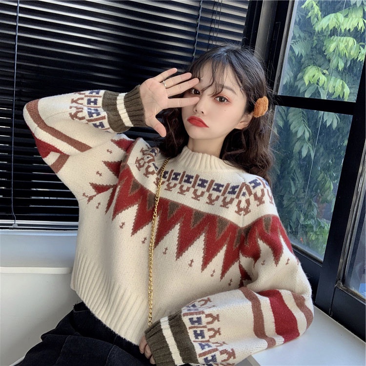 Áo Sweater đỏ dày dáng rộng ngắn phong cách giáng sinh năm mới dành cho cặp đôi